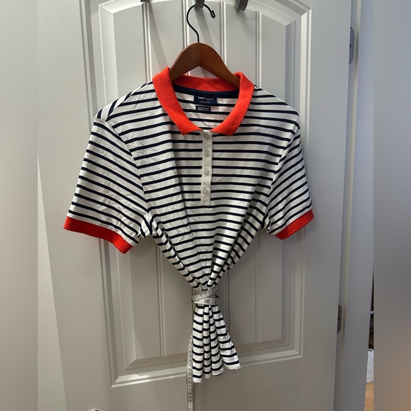 Saint James Tops - Saint James Navy and White Striped Top with Orange Neckline